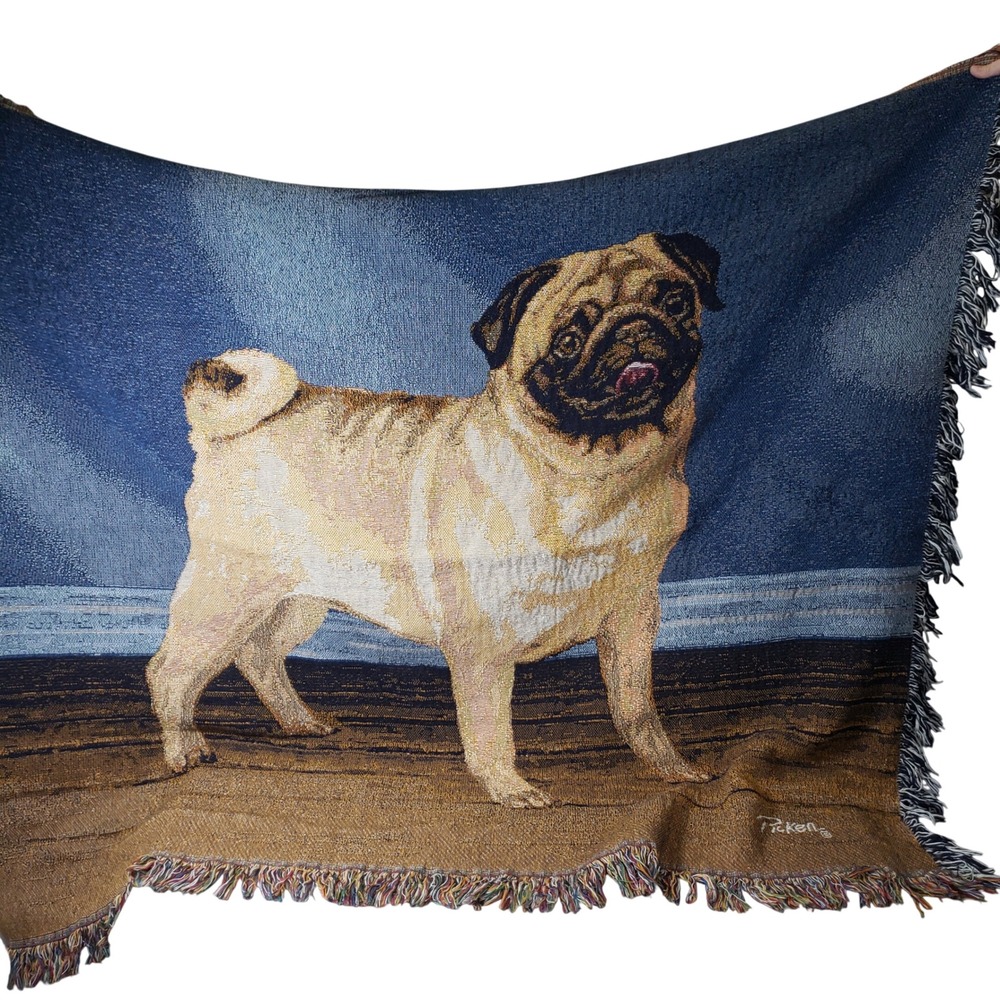 Picken Woven Tapestry Throw Blanket Pug Dog Animal Portrait Fringed 48x60 Blue
